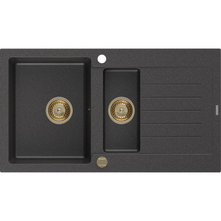 Mexen Matias fregadero de granito de 1,5 senos con escurridor 900 x 505 mm, negro moteado, sifón dorado - 6502901505-76-G