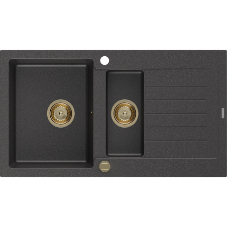 Mexen Matias lavello in granito 1,5 vasche con sgocciolatoio 900 x 505 mm, nero macchiato, sifone dorato - 6502901505-76-G
