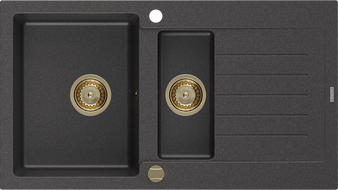 Mexen Matias granieten spoelbak 1,5-kamer met afdruiprek 900 x 505 mm, zwart gevlekt, gouden sifon - 6502901505-76-G