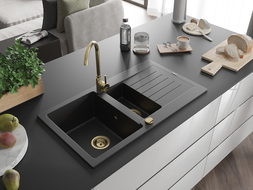 Mexen Matias lavello in granito 1,5 vasche con gocciolatoio 900 x 505 mm, nero, sifone dorato - 6502901505-77-G