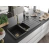 Mexen Andres Granitspüle 1,5-Becken mit Abtropffläche 1000 x 500 mm schwarz, Siphon gold - 6515101510-77-G