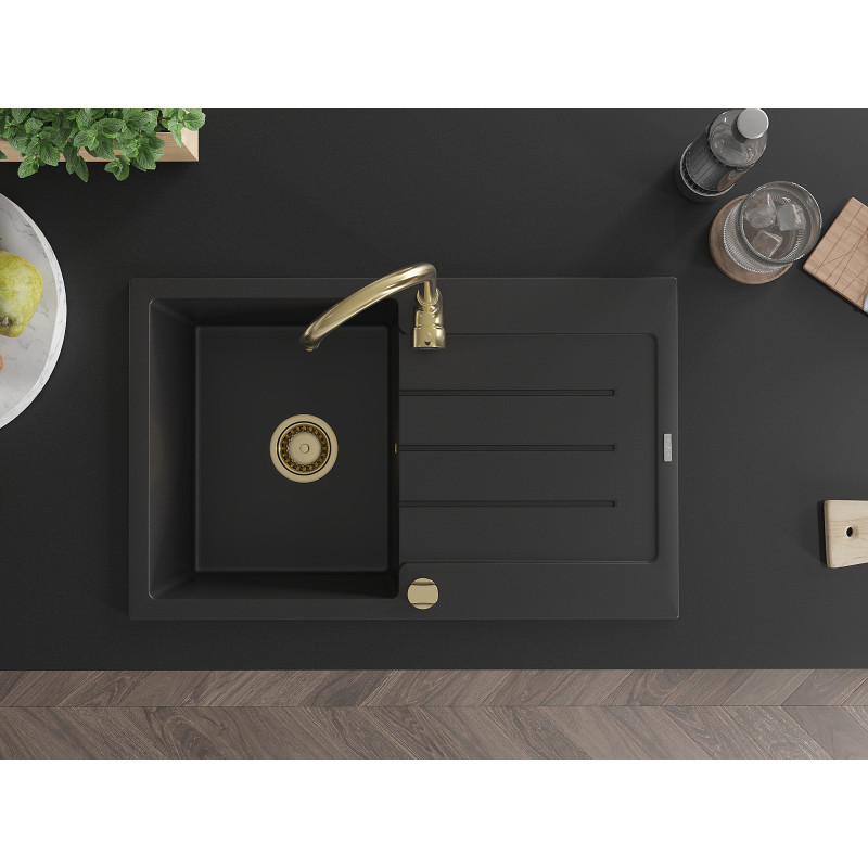 Mexen Bruno Granitspüle 1-beckig mit Abtropffläche 795 x 495 mm, schwarz, goldener Siphon - 6513791010-77-G