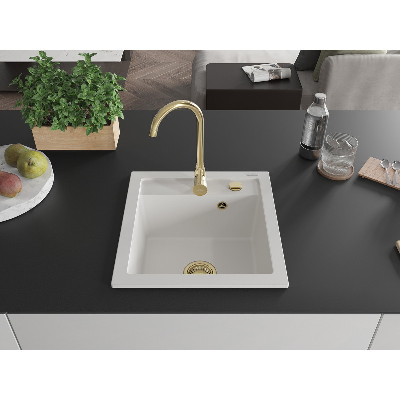 Mexen Vito granitspüle 1-becken 520 x 490 mm, weiß, siphon gold - 6503521000-20-G