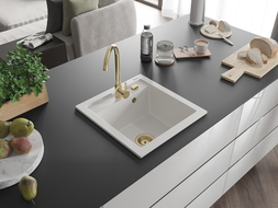 Mexen Vito enojna komorna granitna pomivalna korita 520 x 490 mm, bela, zlati sifon - 6503521000-20-G