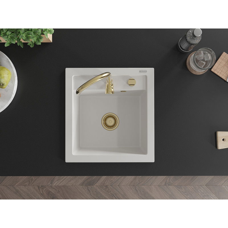 Mexen Vito Granitspüle 1-beckig 520 x 490 mm, weiß, Siphon gold - 6503521000-20-G