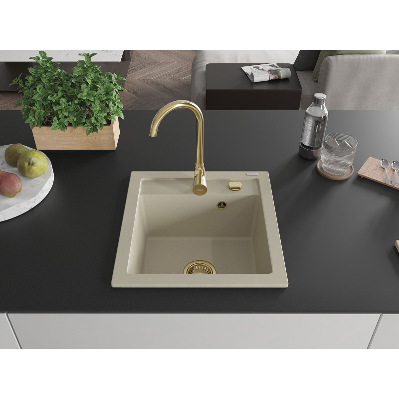 Mexen Vito Granitspüle 1-Becken 520 x 490 mm, beige, goldener Siphon - 6503521000-69-G
