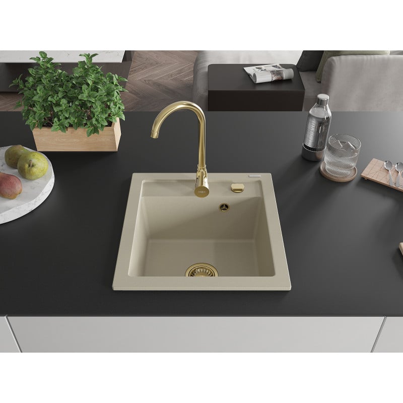 Mexen Vito zlewozmywak granitowy 1-komorowy 520 x 490 mm, beżowy, syfon złoty - 6503521000-69-G