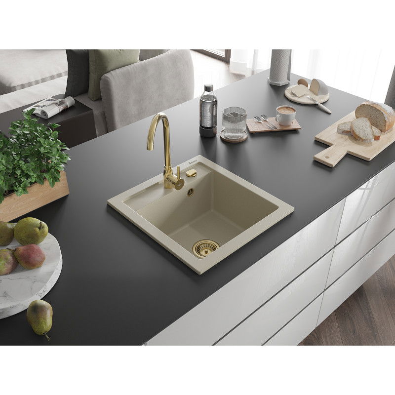 Mexen Vito granieten spoelbak 1-komoer 520 x 490 mm, beige, gouden sifon - 6503521000-69-G
