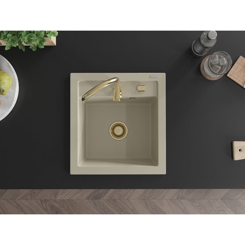 Mexen Vito graniittinen 1-altaan keittiöallas 520 x 490 mm, beige, kultainen vesilukko - 6503521000-69-G