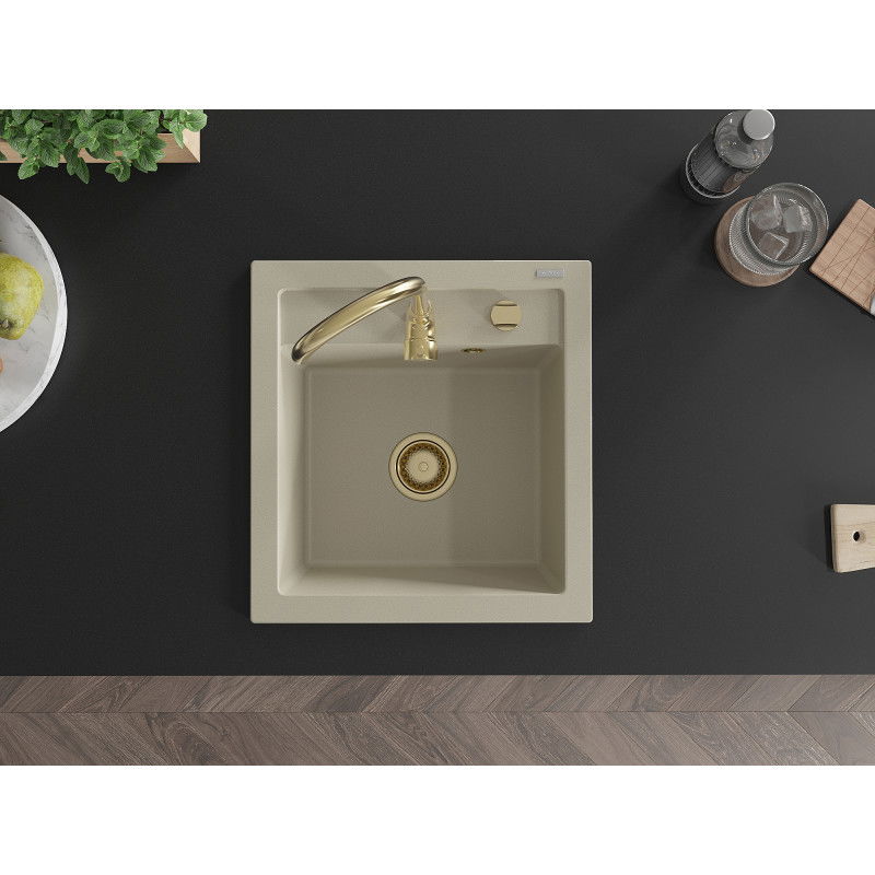 Mexen Vito lavello in granito a una vasca 520 x 490 mm, beige, sifone dorato - 6503521000-69-G