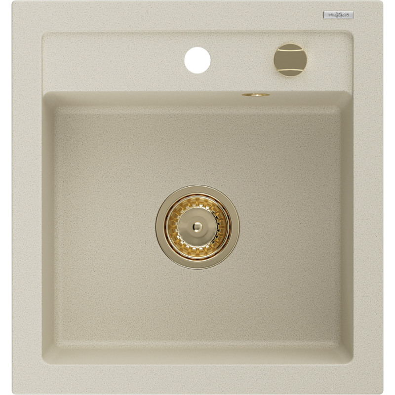 Mexen Vito granitstenen spoelbak 1-komers 520 x 490 mm, beige, gouden sifon - 6503521000-69-G