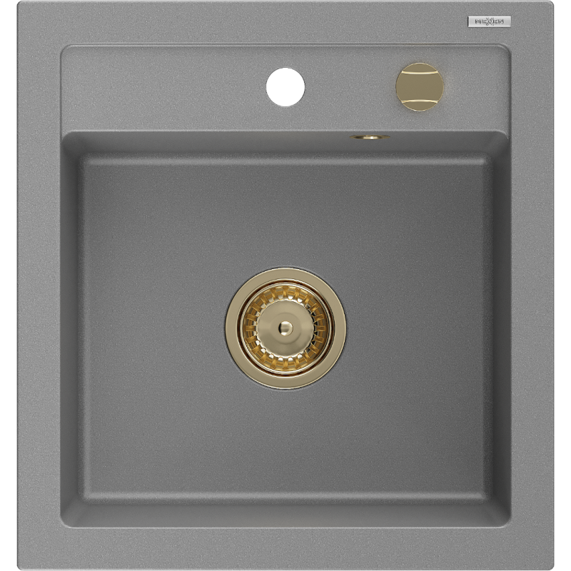Mexen Vito granieten gootsteen 1-komerig 520 x 490 mm, grijs, gouden sifon - 6503521000-71-G