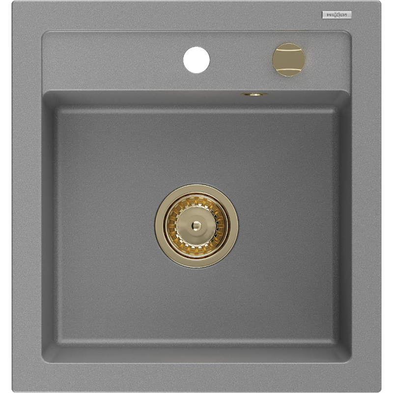 Mexen Vito graniittinen keittiöallas, 1-allas 520 x 490 mm, harmaa, kultainen sifoni - 6503521000-71-G
