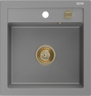 Mexen Vito granieten gootsteen 1-komerig 520 x 490 mm, grijs, gouden sifon - 6503521000-71-G