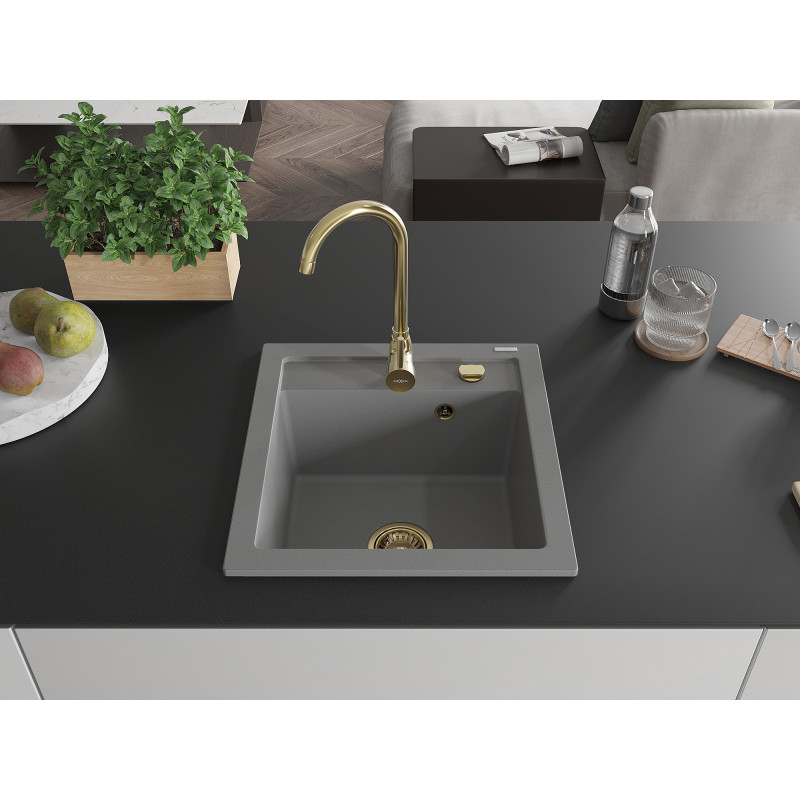 Mexen Vito fregadero de granito de 1 seno 520 x 490 mm, gris, sifón dorado - 6503521000-71-G
