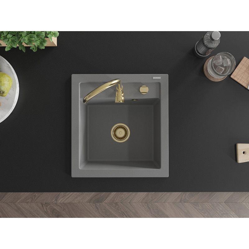 Mexen Vito νεροχύτης γρανιτένιος 1-θάλαμος 520 x 490 mm, γκρι, χρυσό σιφόνι