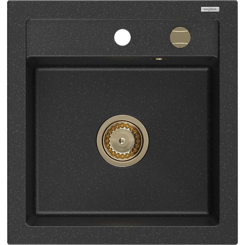Mexen Vito fregadero de granito de 1 tazón 520 x 490 mm, negro/plateado metálico, sifón dorado - 6503521000-73-G