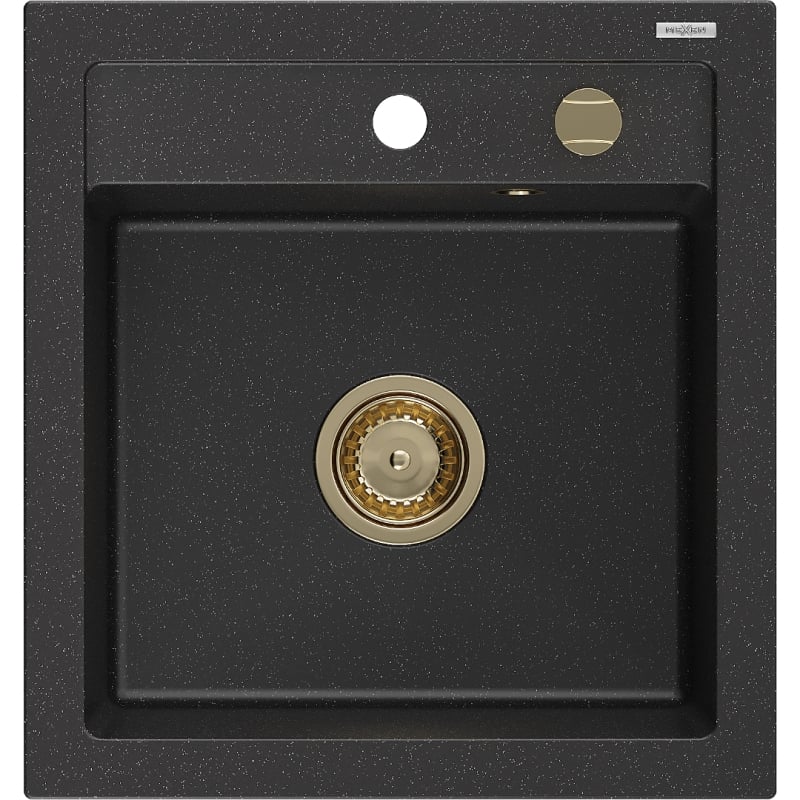 Mexen Vito granieten spoelbak 1-kompartment 520 x 490 mm, zwart/zilver metallic, gouden sifon - 6503521000-73-G