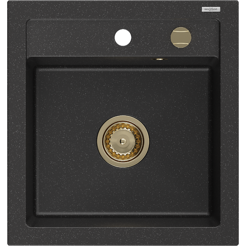 Mexen Vito Granitspüle 1-Becken 520 x 490 mm, schwarz/silber metallic, goldener Siphon - 6503521000-73-G