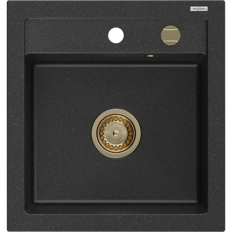 Mexen Vito granieten gootsteen 1-komor 520 x 490 mm, zwart/zilverkleurig metallic, gouden sifon - 6503521000-73-G