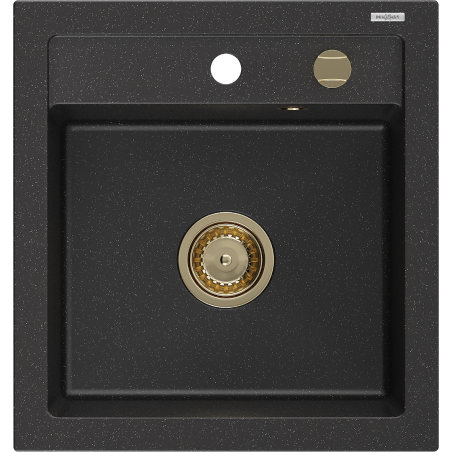 Mexen Vito Granitspüle 1-Becken 520 x 490 mm, schwarz/silber metallic, goldener Siphon - 6503521000-73-G