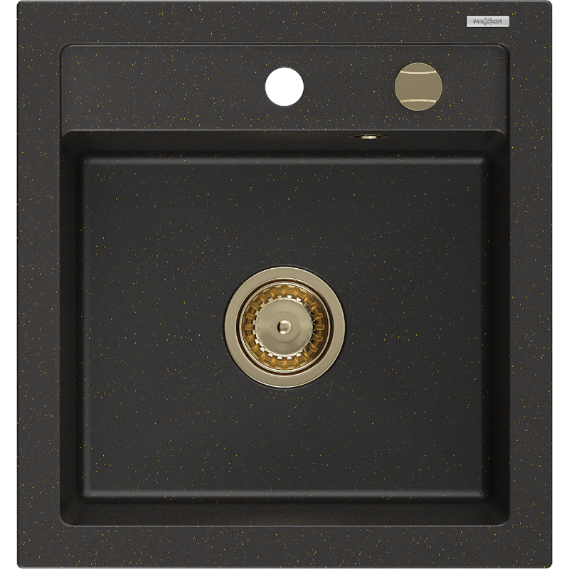 Mexen Vito granieten spoelbak 1-komors 520 x 490 mm, zwart/goud metallic, gouden sifon - 6503521000-75-G