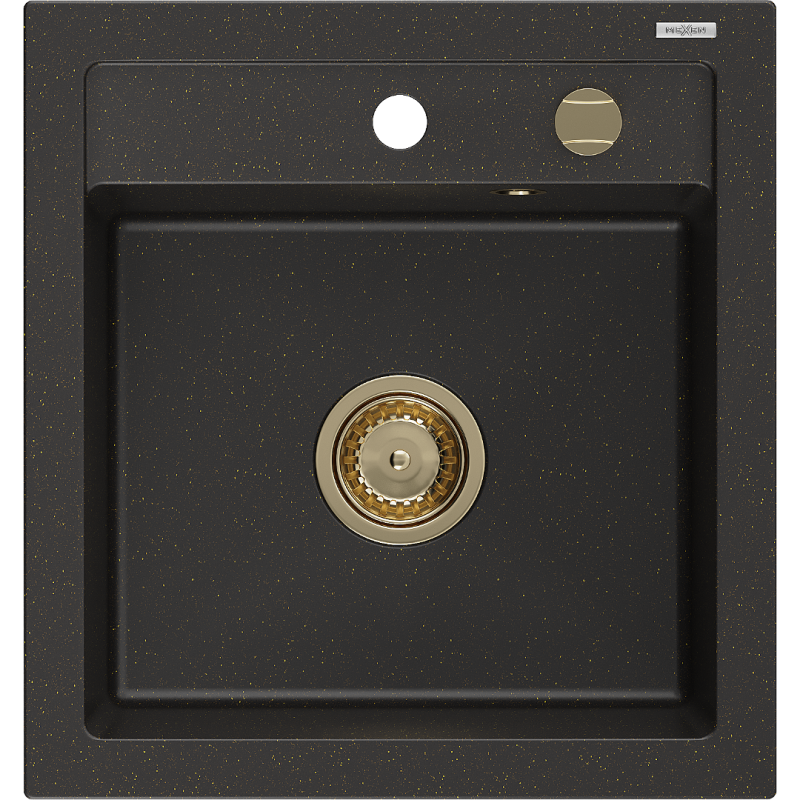 Mexen Vito Granit-Spüle 1-Becken 520 x 490 mm, schwarz/gold metallic, goldener Siphon - 6503521000-75-G