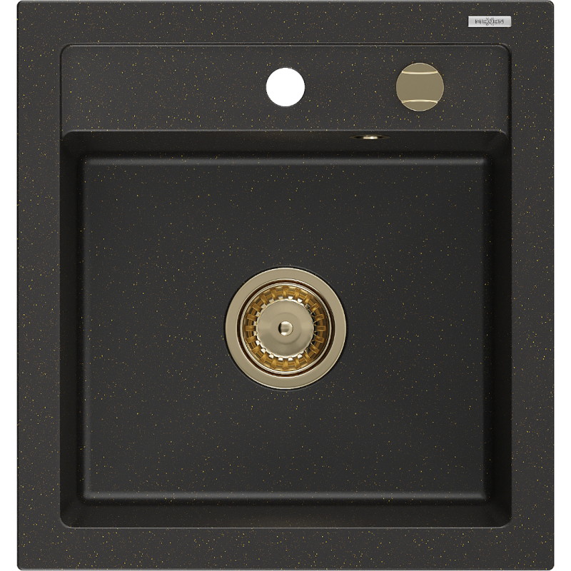 Mexen Vito Granitspüle 1-Becken 520 x 490 mm, schwarz/gold metallik, goldener Siphon - 6503521000-75-G