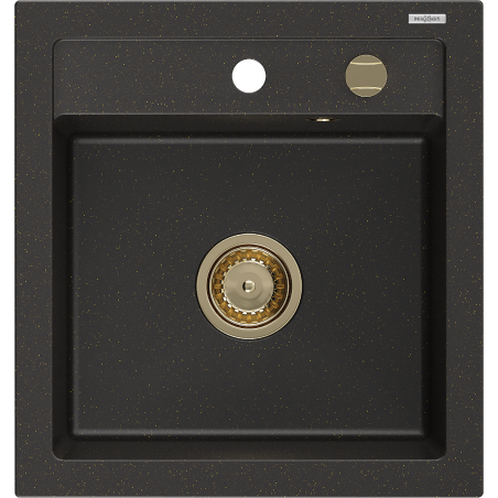 Mexen Vito fregadero de granito de 1 cámara 520 x 490 mm, negro/dorado metálico, sifón dorado - 6503521000-75-G