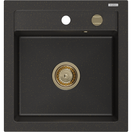Mexen Vito Granit-Spüle 1-Becken 520 x 490 mm, schwarz/gold metallic, goldener Siphon - 6503521000-75-G