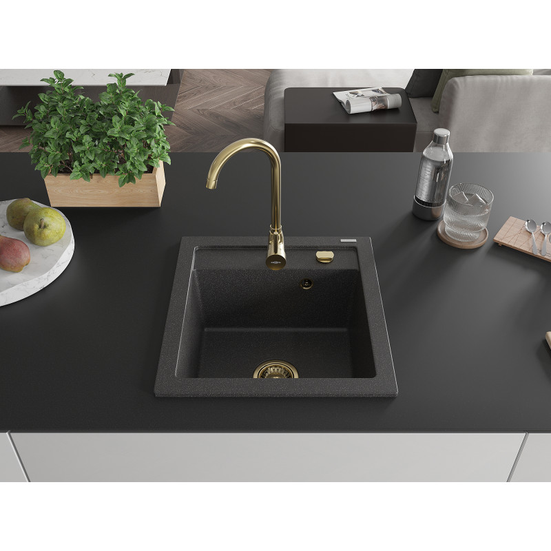 Mexen Vito Granitische spoelbak 1-baks 520 x 490 mm, zwart gespikkeld, gouden sifon - 6503521000-76-G