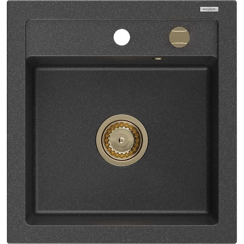 Mexen Vito évier en granit 1 bac 520 x 490 mm, noir moucheté, siphon doré - 6503521000-76-G