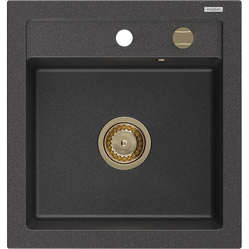 Mexen Vito granieten gootsteen 1-komor 520 x 490 mm, zwart gespikkeld, gouden sifon - 6503521000-76-G