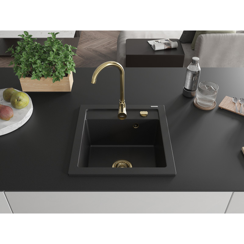 Mexen Vito granit gootsteen 1-komoer 520 x 490 mm, zwart, gouden sifon - 6503521000-77-G