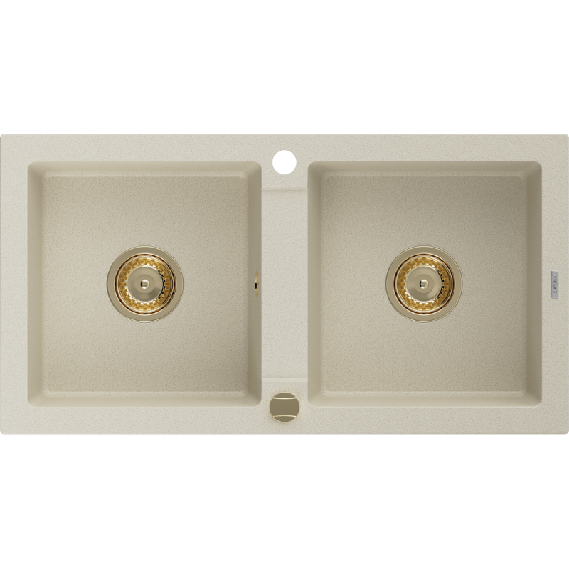 Mexen Mario granitische gootsteen 2-kamer 820 x 436 mm, beige, gouden sifon - 6504822000-69-G