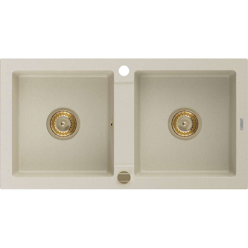 Mexen Mario Granitspüle 2-beckig 820 x 436 mm, beige, goldener Siphon - 6504822000-69-G