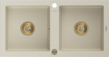 Mexen Mario granieten spoelbak 2-compartimenten 820 x 436 mm, beige, gouden sifon - 6504822000-69-G