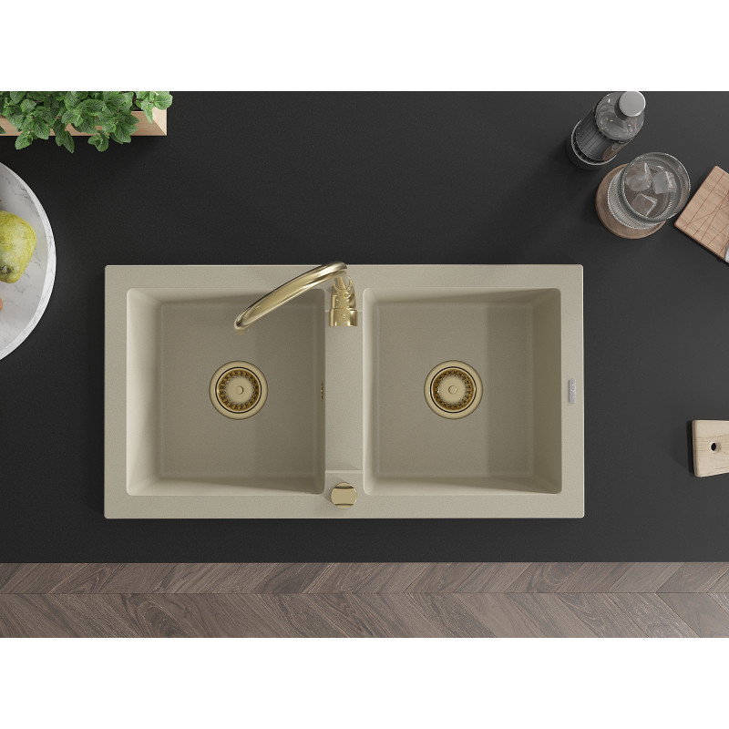 Mexen Mario fregadero de granito 2 cámaras 820 x 436 mm, beige, sifón dorado - 6504822000-69-G