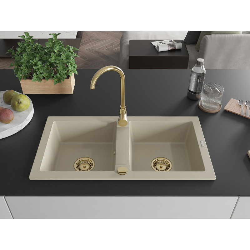 Mexen Mario granitische gootsteen 2-kamer 820 x 436 mm, beige, gouden sifon - 6504822000-69-G