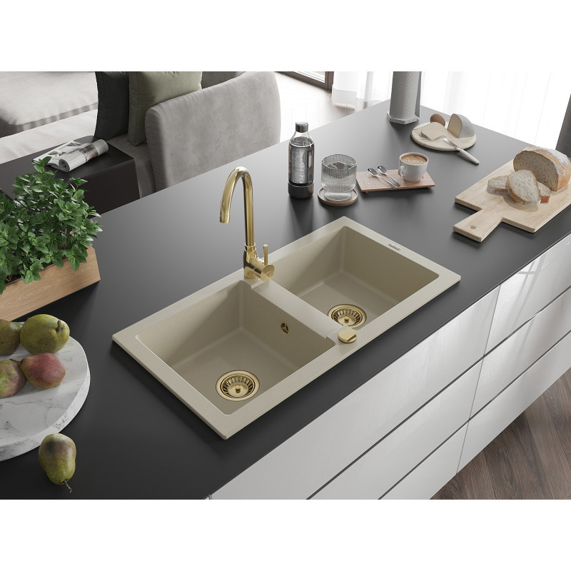 Mexen Mario Évier de cuisine en granit 2 bacs 820 x 436 mm, beige, siphon doré - 6504822000-69-G