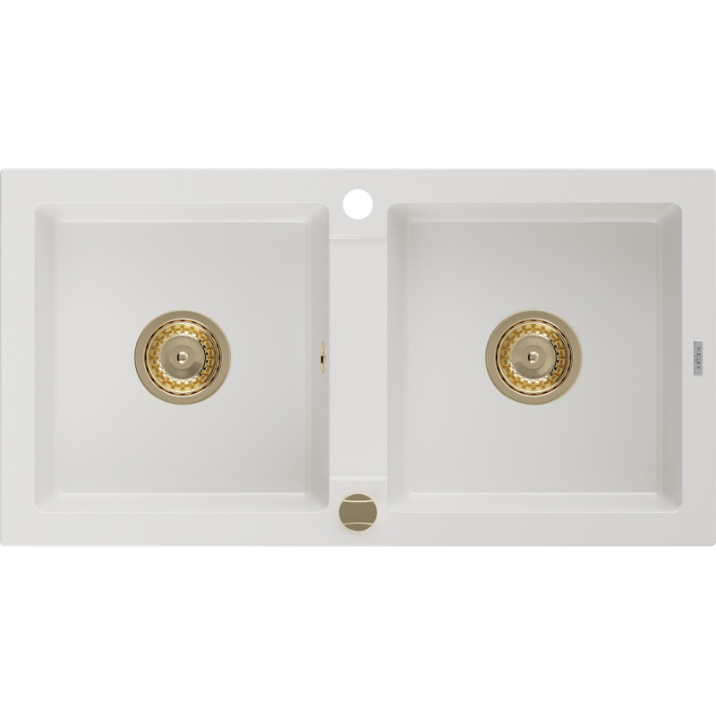 Mexen Mario Évier en granit 2 bacs 820 x 436 mm, blanc, siphon doré - 6504822000-20-G