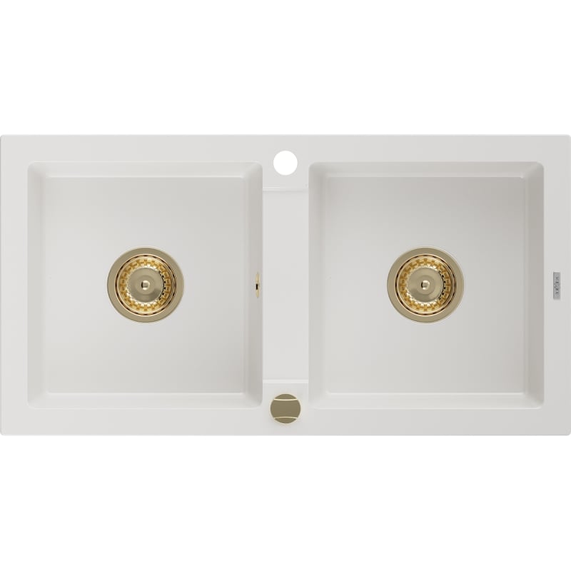 Mexen Mario granitni sudoper s 2 odjeljka 820 x 436 mm, bijeli, zlatni sifon - 6504822000-20-G