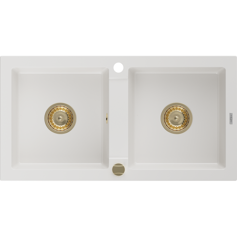 Mexen Mario Granitspüle 2-Kammer 820 x 436 mm, weiß, Siphon gold - 6504822000-20-G