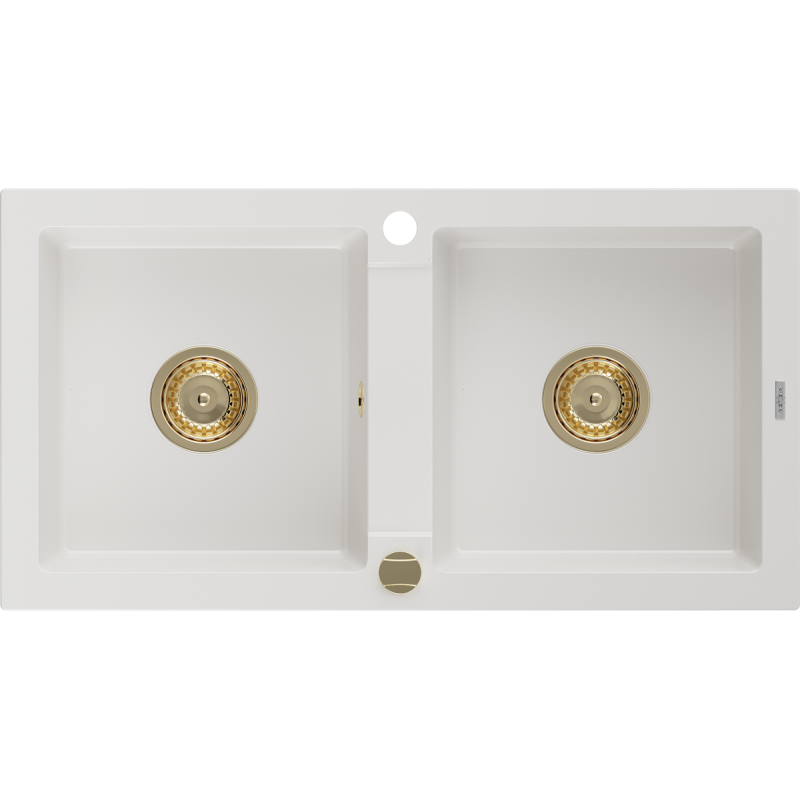 Mexen Mario νεροχύτης γρανίτης 2-διαμερίσματα 820 x 436 mm, λευκός, χρυσό σιφόνι