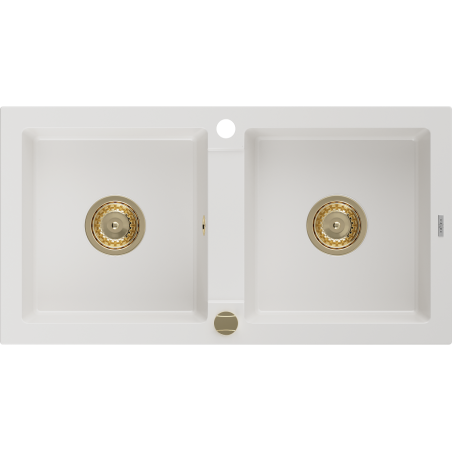 Mexen Mario évier en granit à 2 bacs 820 x 436 mm, blanc, siphon doré - 6504822000-20-G