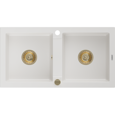 Mexen Mario granit gootsteen met 2 kamers 820 x 436 mm, wit, gouden sifon - 6504822000-20-G