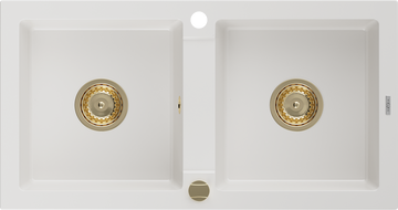 Mexen Mario granitno pomivalno korito z dvema prekatima 820 x 436 mm, belo, zlati sifon - 6504822000-20-G