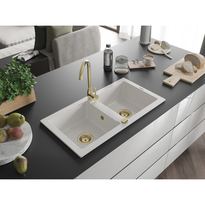 Mexen Mario granit gootsteen met 2 kamers 820 x 436 mm, wit, gouden sifon - 6504822000-20-G