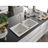 Mexen Mario zlewozmywak granitowy 2-komorowy 820 x 436 mm, biały, syfon złoty - 6504822000-20-G
