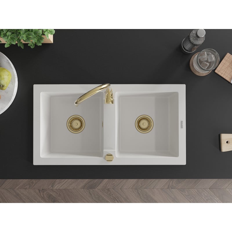 Mexen Mario granieten gootsteen 2-kamer 820 x 436 mm, wit, gouden sifon - 6504822000-20-G